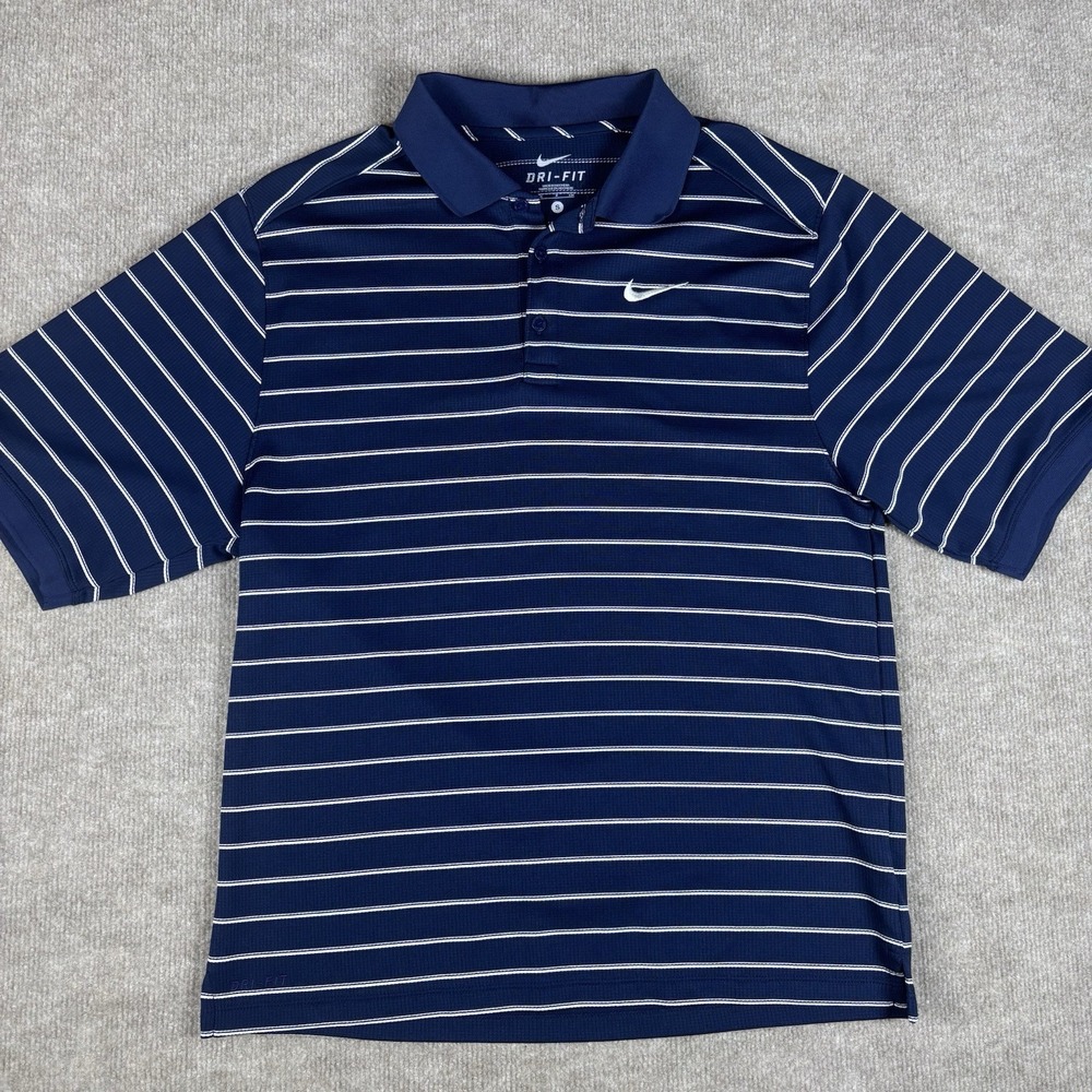 Nike Dri-FIT Polo Shirt Men's Small Navy Blue White Striped Golf Swoosh - Picture 4 of 10